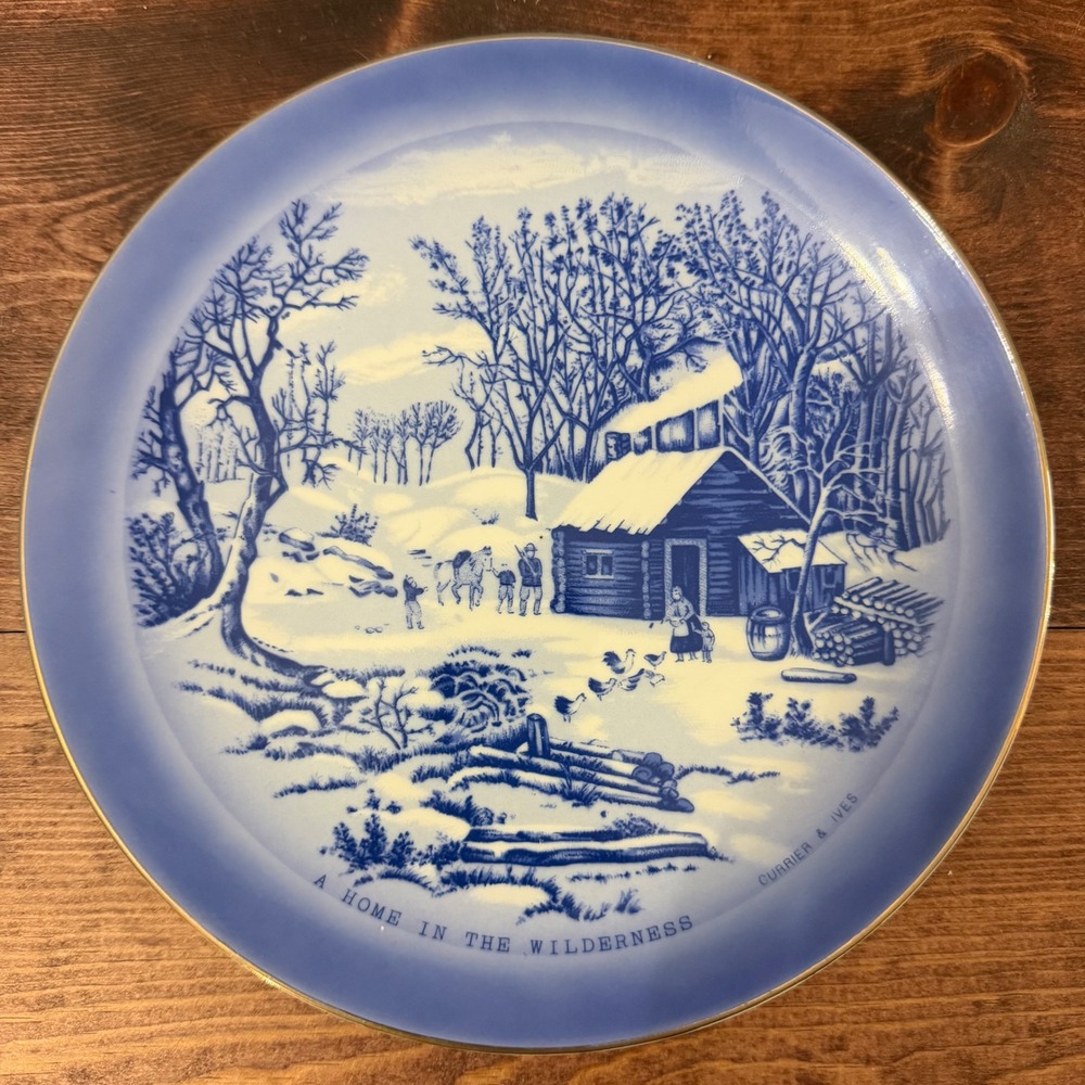 Currier & Ives A Home in the Wilderness Blue White Decorative Plate Japan